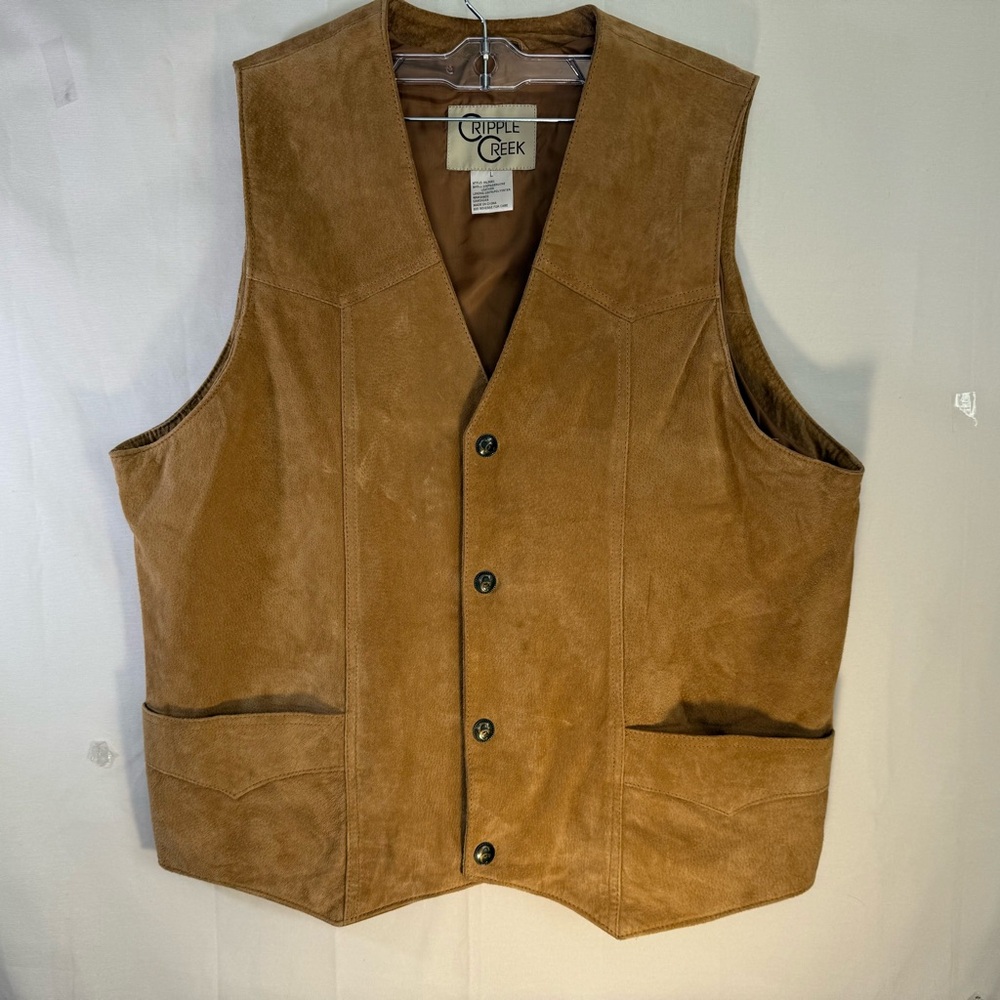 Cripple Creek Men’s Size L Boar Suede Leather Vest Lt Brown Snap Closure Pockets